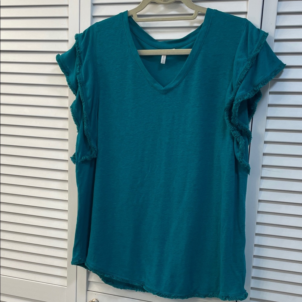 Cato Teal Short Sleeve V Neck Ruffle Top Linen Blend Lightweight Size XL
